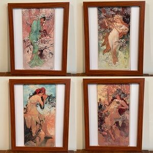 Set of 4 Mucha Seasons Framed Prints Spring Summer Autumn Winter 12x15 Wall Art